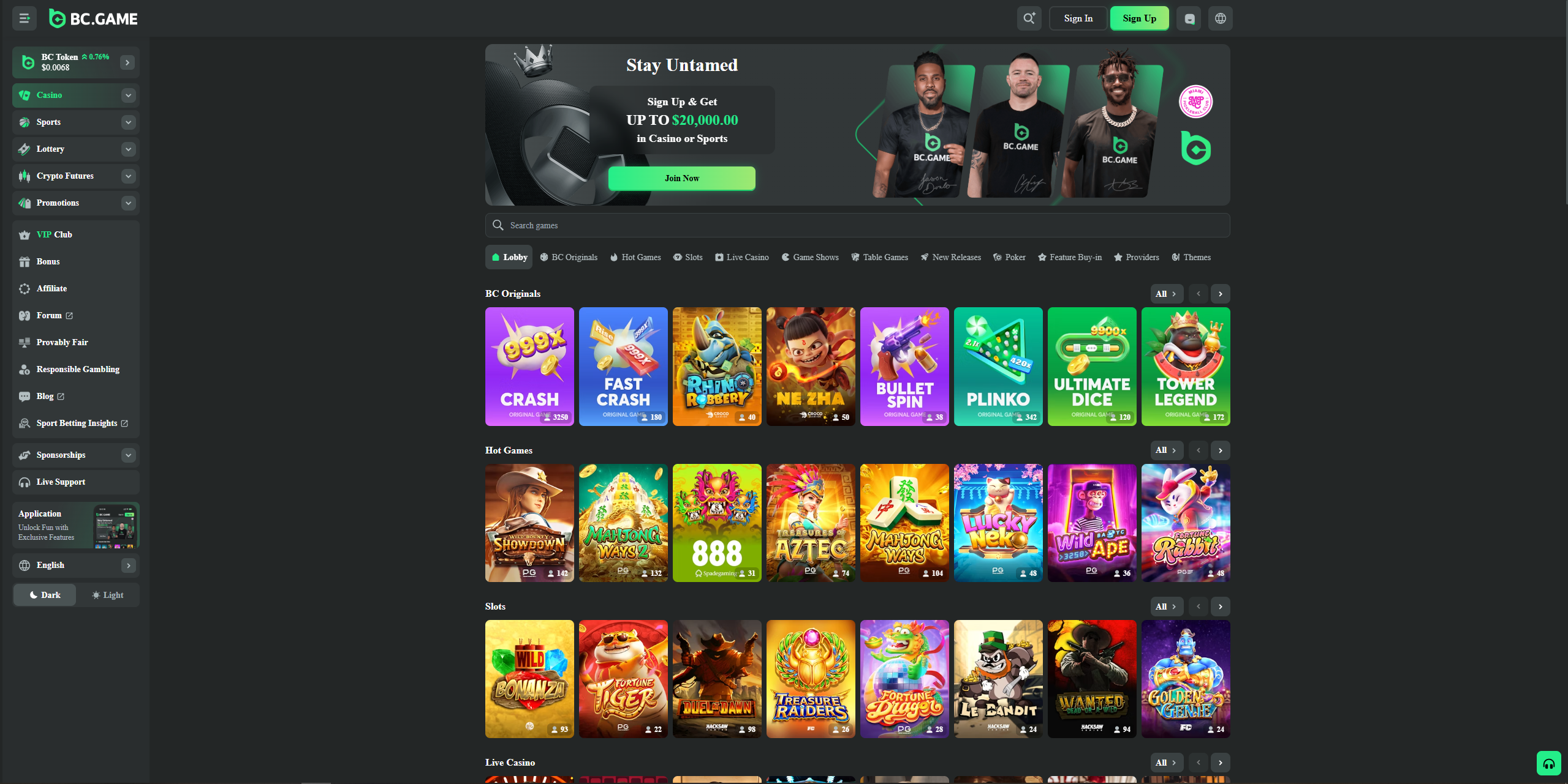 BC.Game casino interface screenshot