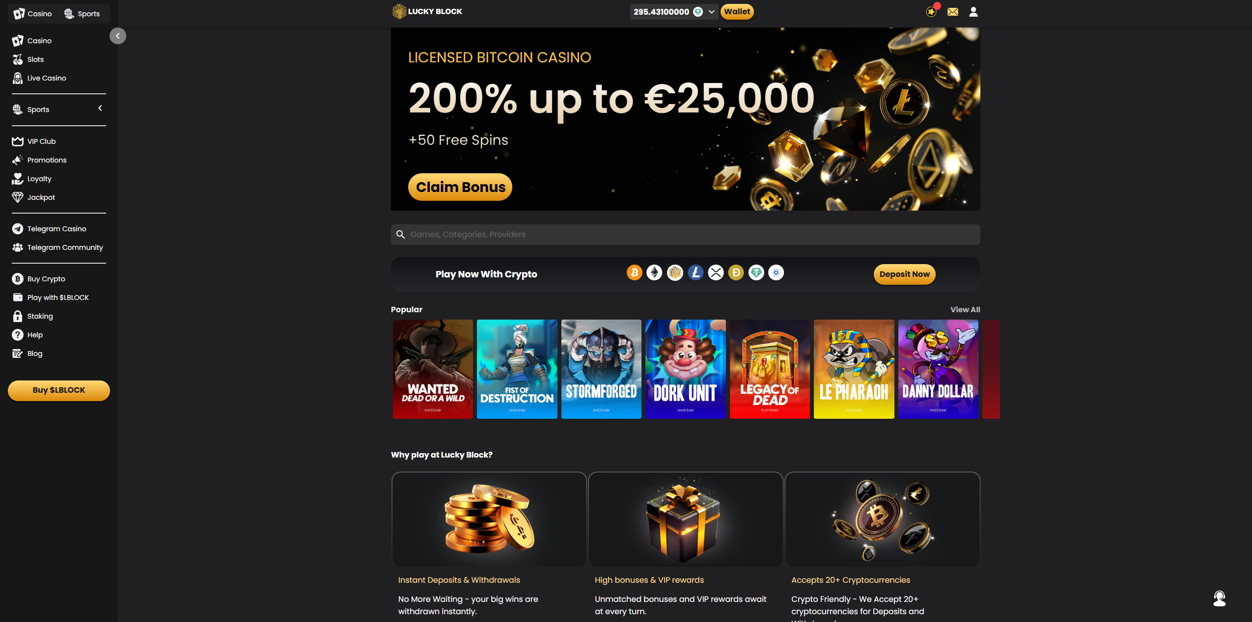 Lucky Block casino interface screenshot - modern crypto casino design