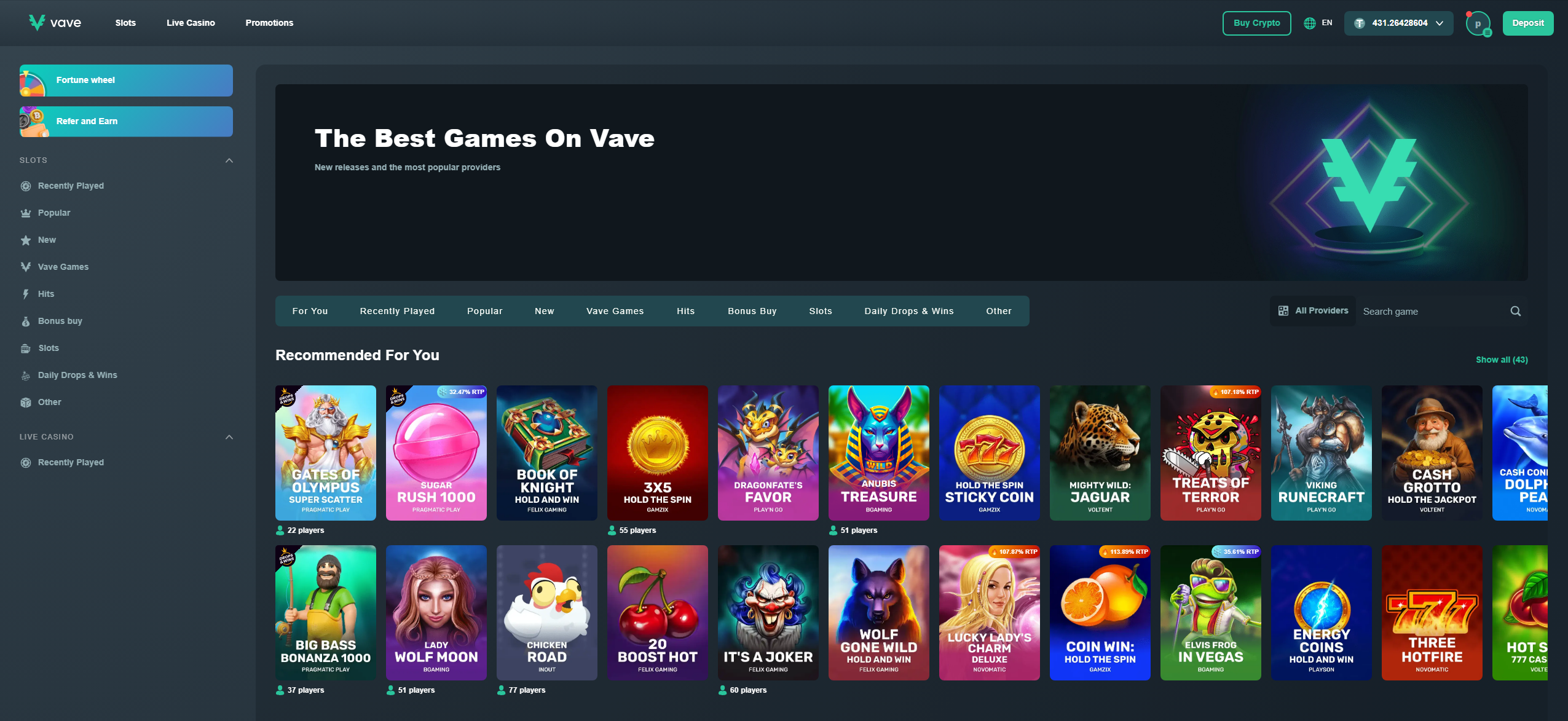 Vave Casino moderne interface - snel opkomend crypto casino